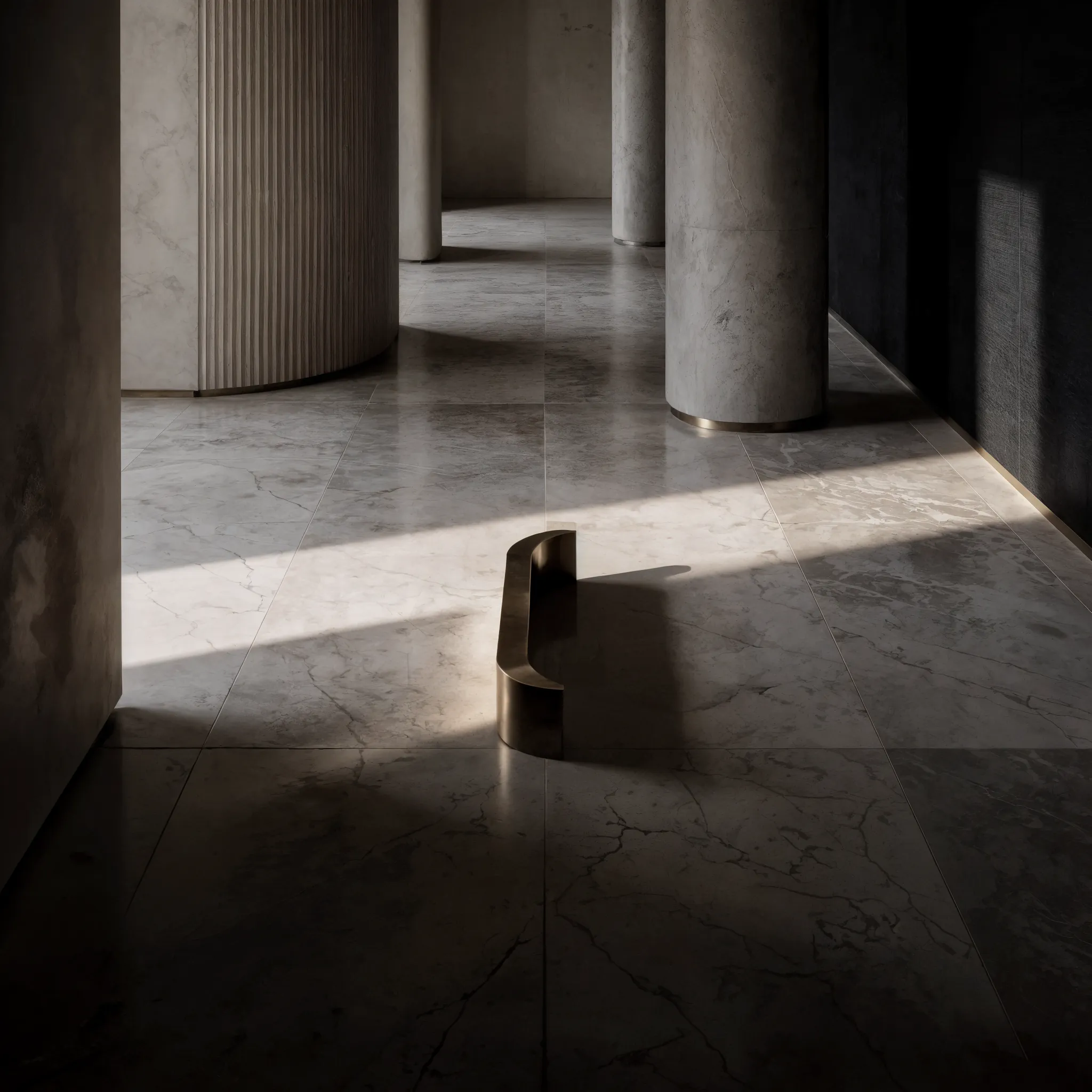 Fluted stone columns and a bronze detail in a shaft of dawn light
