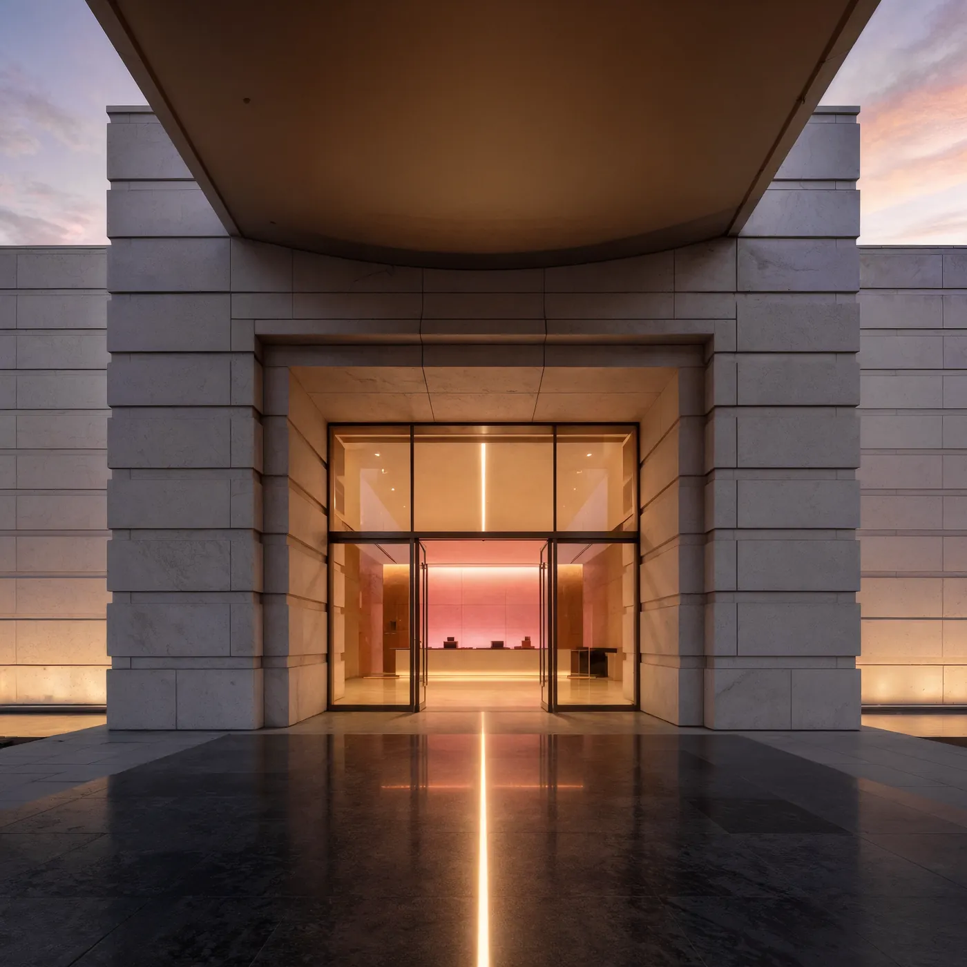 A stone arrival portal in warm evening light