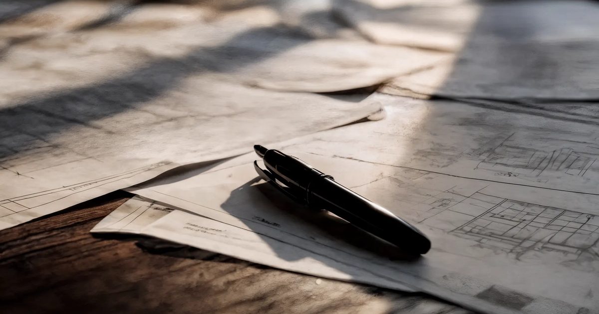 A fountain pen resting on rolled architectural drawings